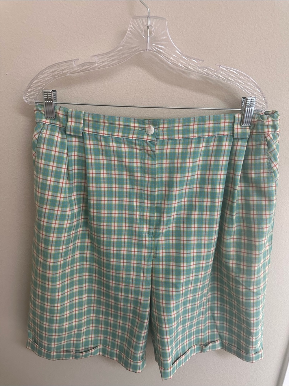 Vintage Alice Collins Women’s Plaid High-Waist Shorts in Mint Green, Size 18